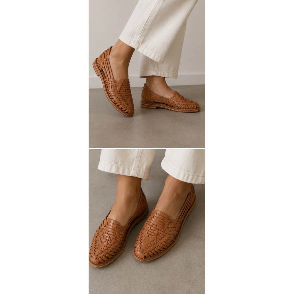 Handmade Mexican Leather Huarache Sandals Tan Woven Flat Slip On Shoes Women